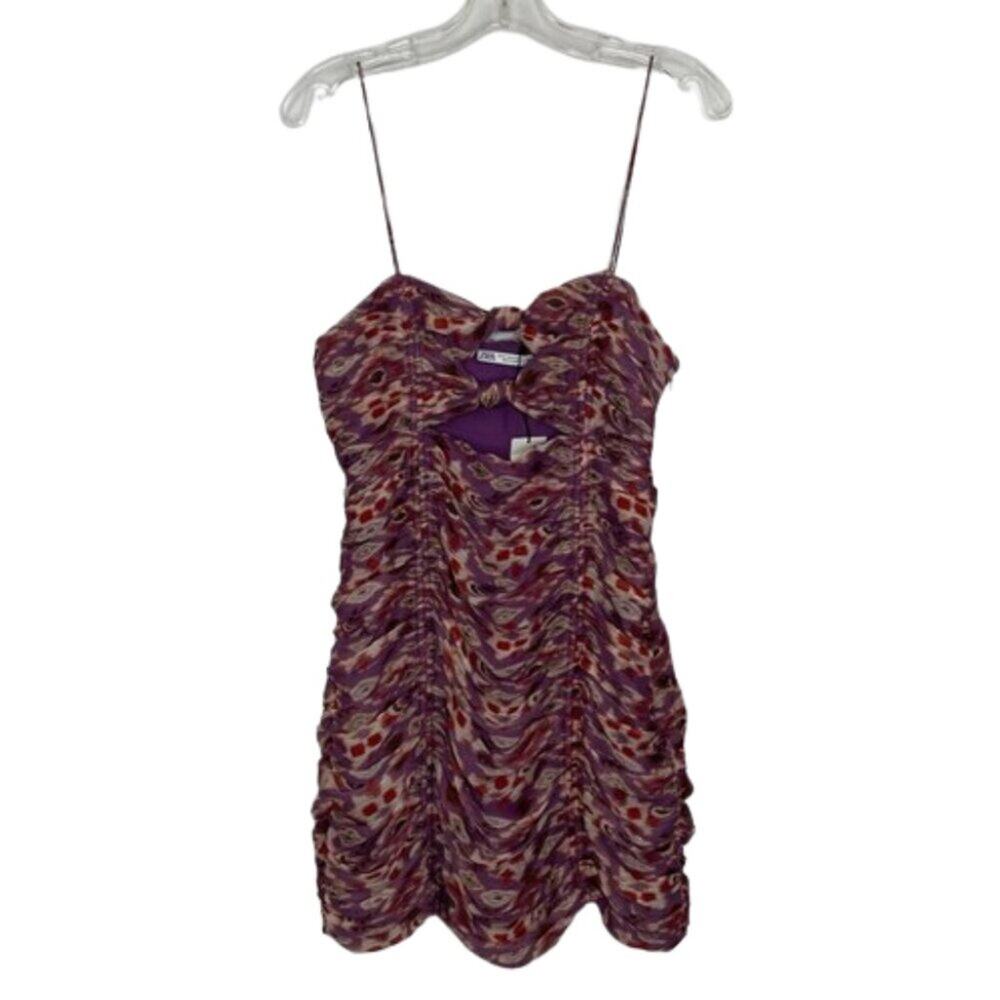 Zara purple ruched cut out bodycon tank mini evening dress size Medium NWT
